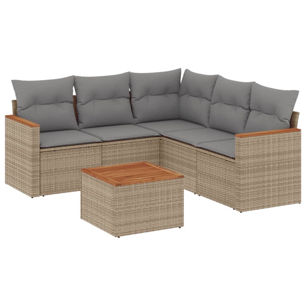 6-delige Loungeset met kussens poly rattan beige