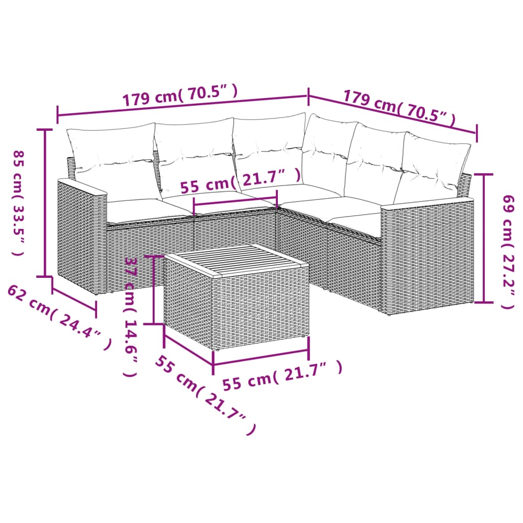 6-delige Loungeset met kussens poly rattan beige