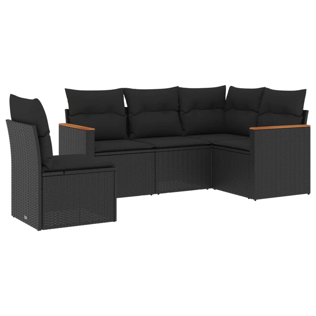 5-delige Loungeset met kussens poly rattan zwart