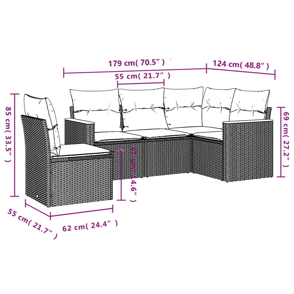 5-delige Loungeset met kussens poly rattan zwart