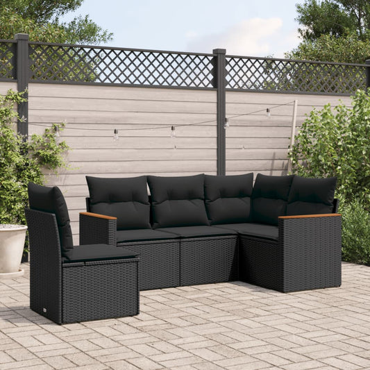 5-delige Loungeset met kussens poly rattan zwart