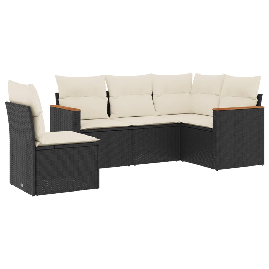 5-delige Loungeset met kussens poly rattan zwart