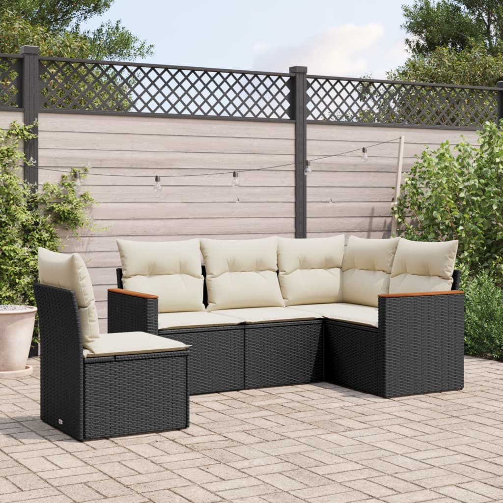 5-delige Loungeset met kussens poly rattan zwart