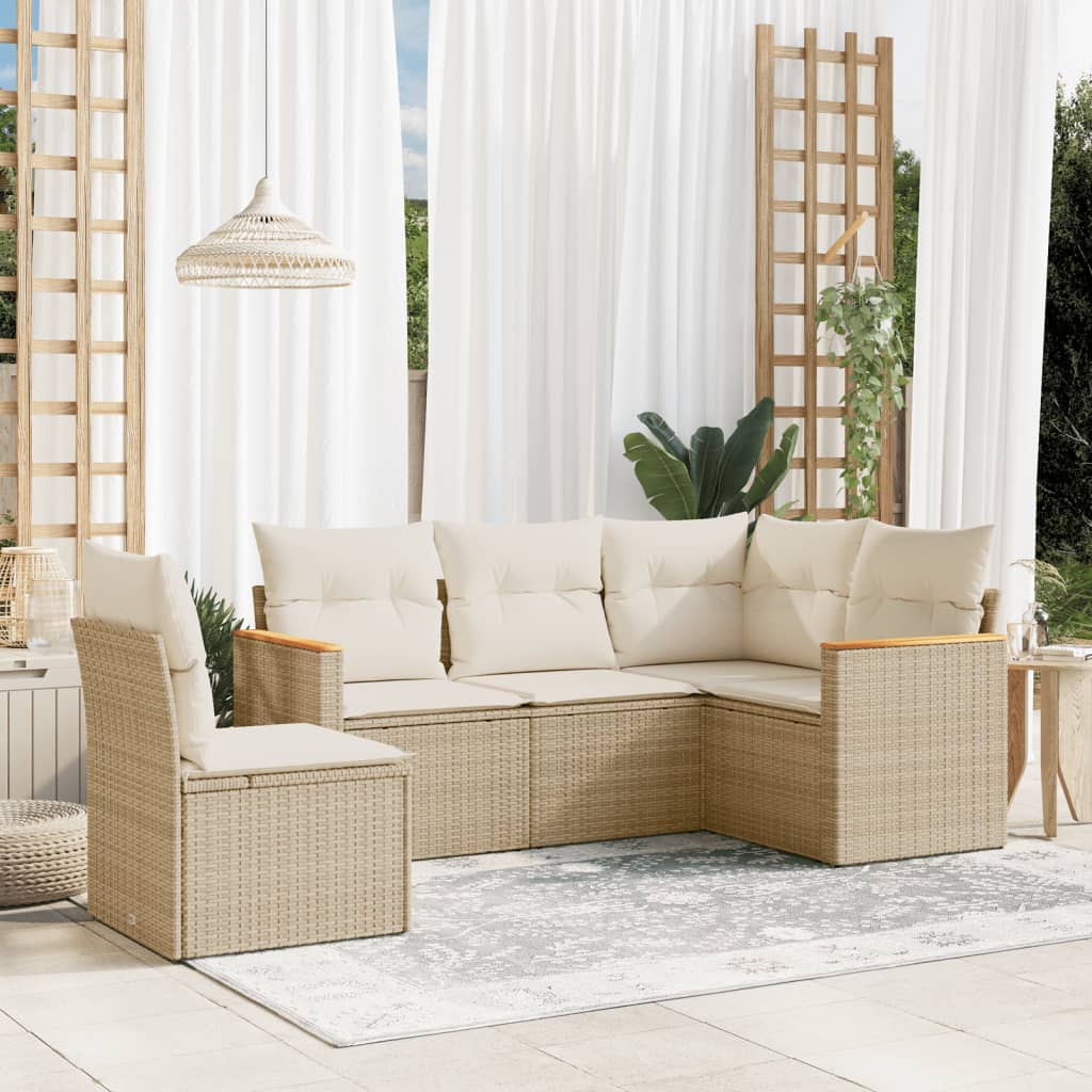 5-delige Loungeset met kussens poly rattan beige