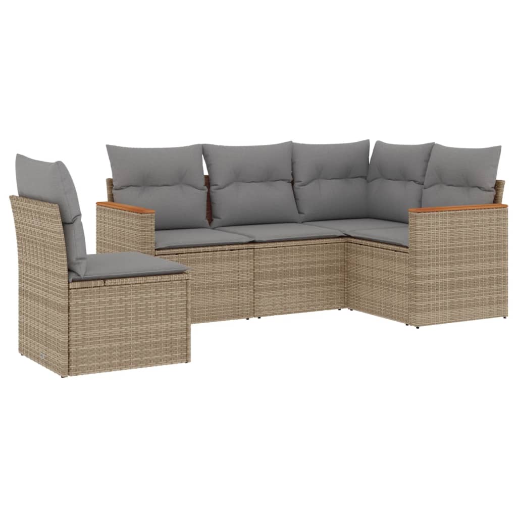 5-delige Loungeset met kussens poly rattan beige