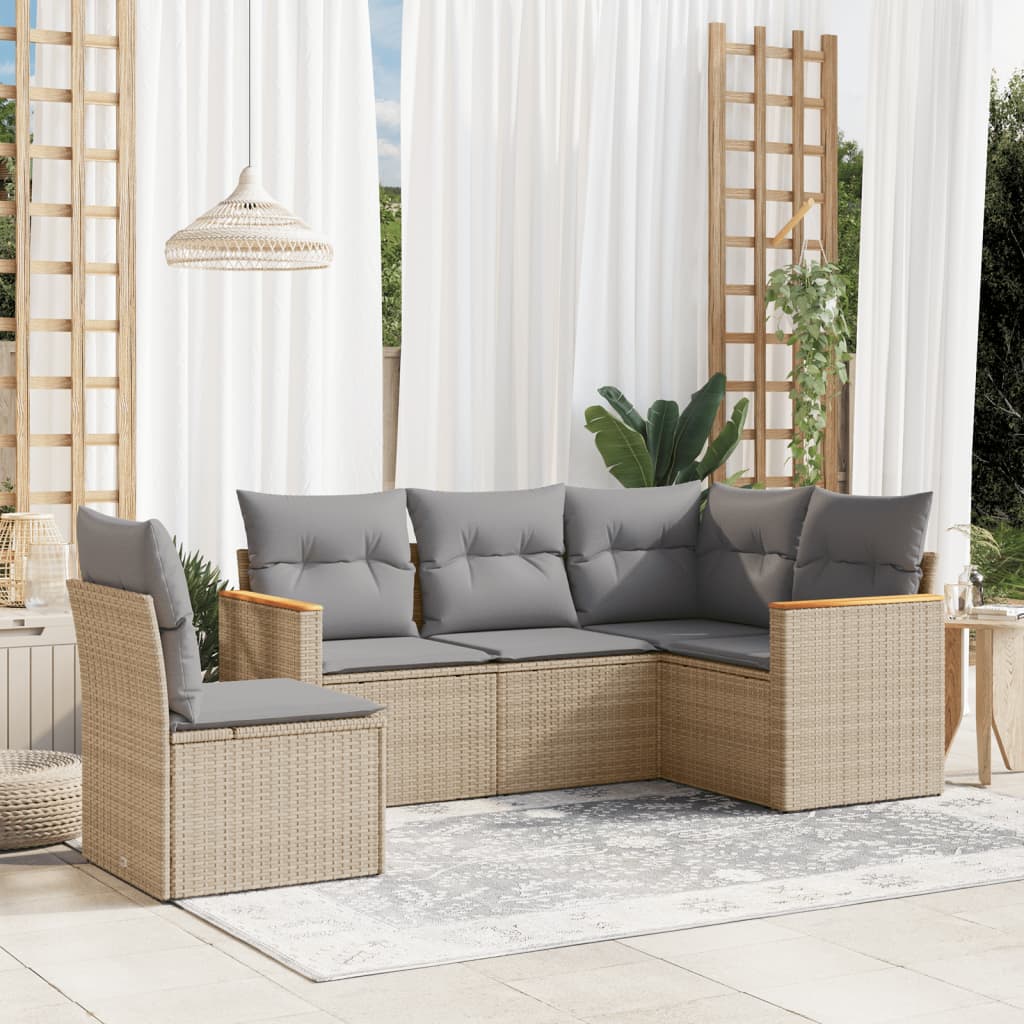 5-delige Loungeset met kussens poly rattan beige