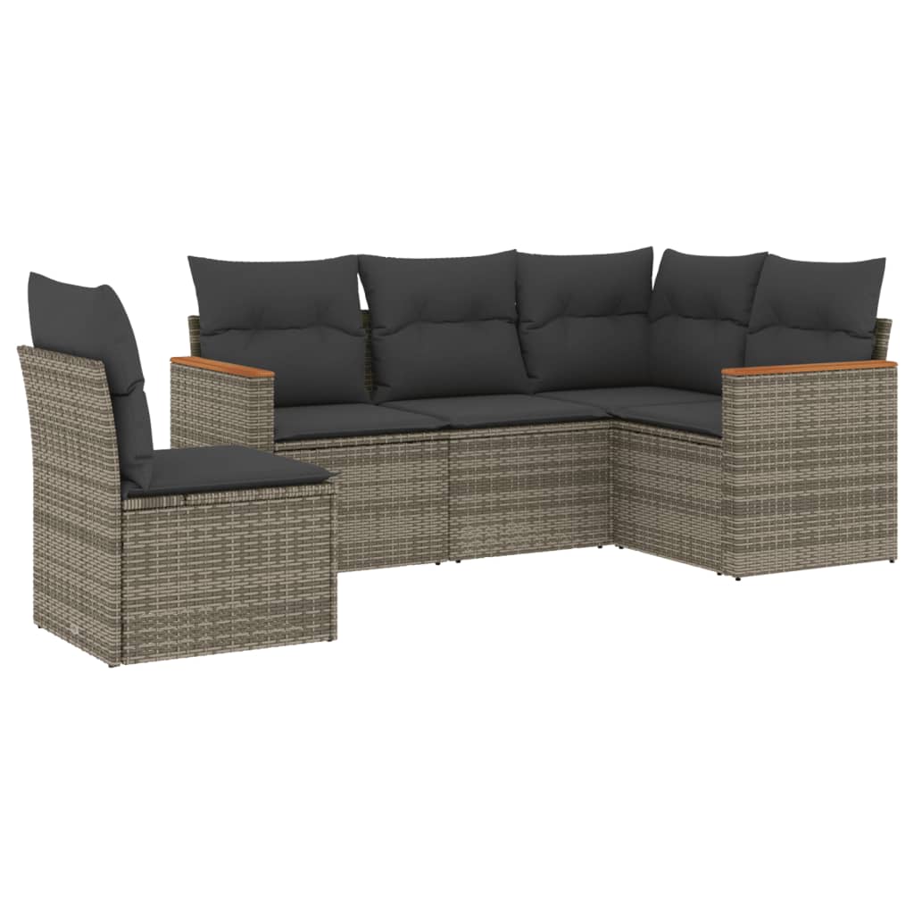 5-delige Loungeset met kussens poly rattan grijs