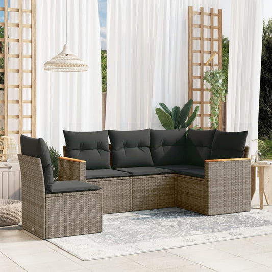 5-delige Loungeset met kussens poly rattan grijs