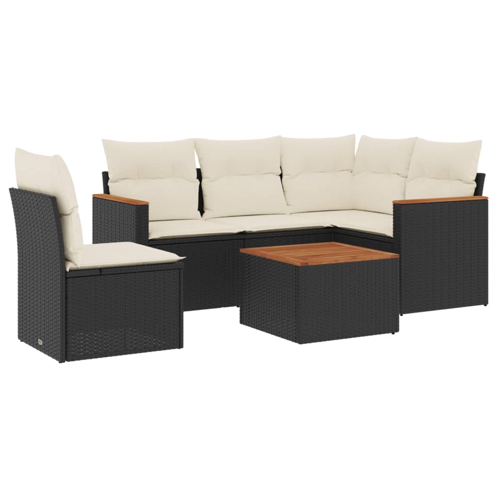 6-delige Loungeset met kussens poly rattan zwart