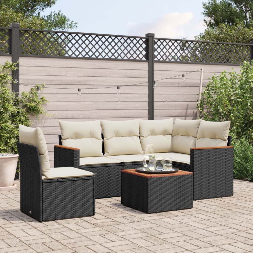 6-delige Loungeset met kussens poly rattan zwart