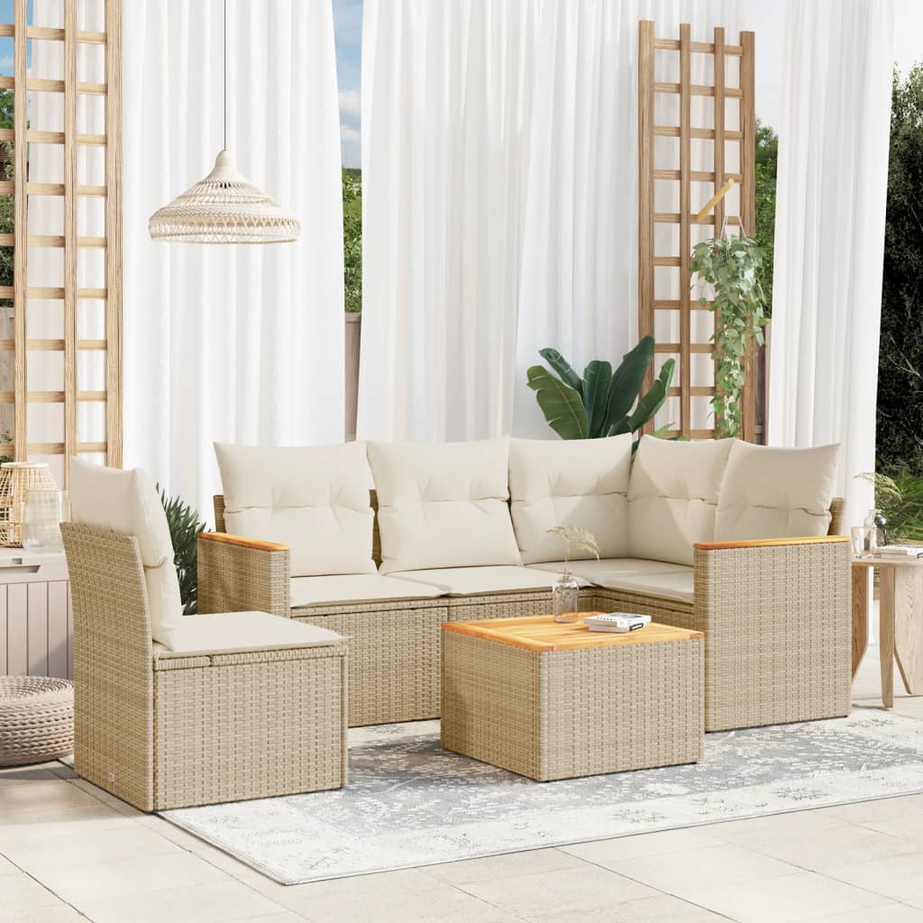 6-delige Loungeset met kussens poly rattan beige