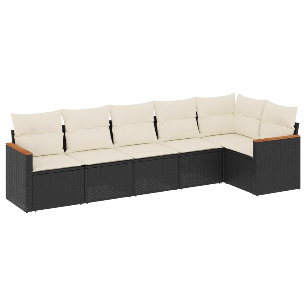 6-delige Loungeset met kussens poly rattan zwart