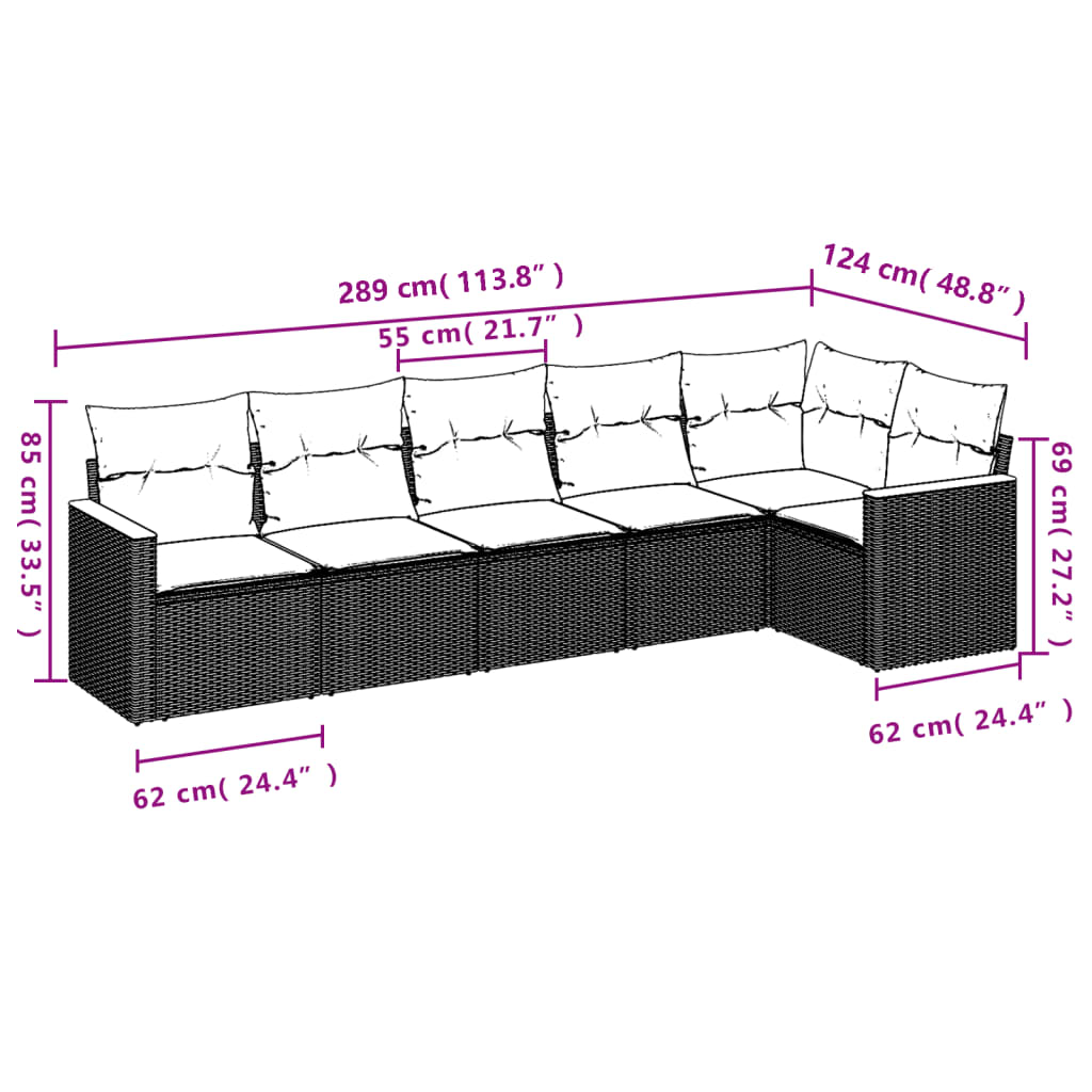 6-delige Loungeset met kussens poly rattan zwart