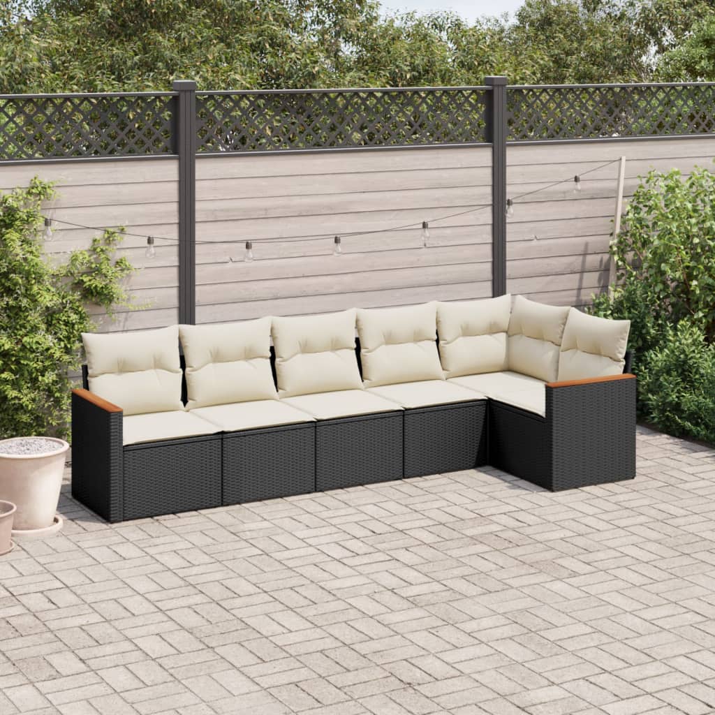 6-delige Loungeset met kussens poly rattan zwart