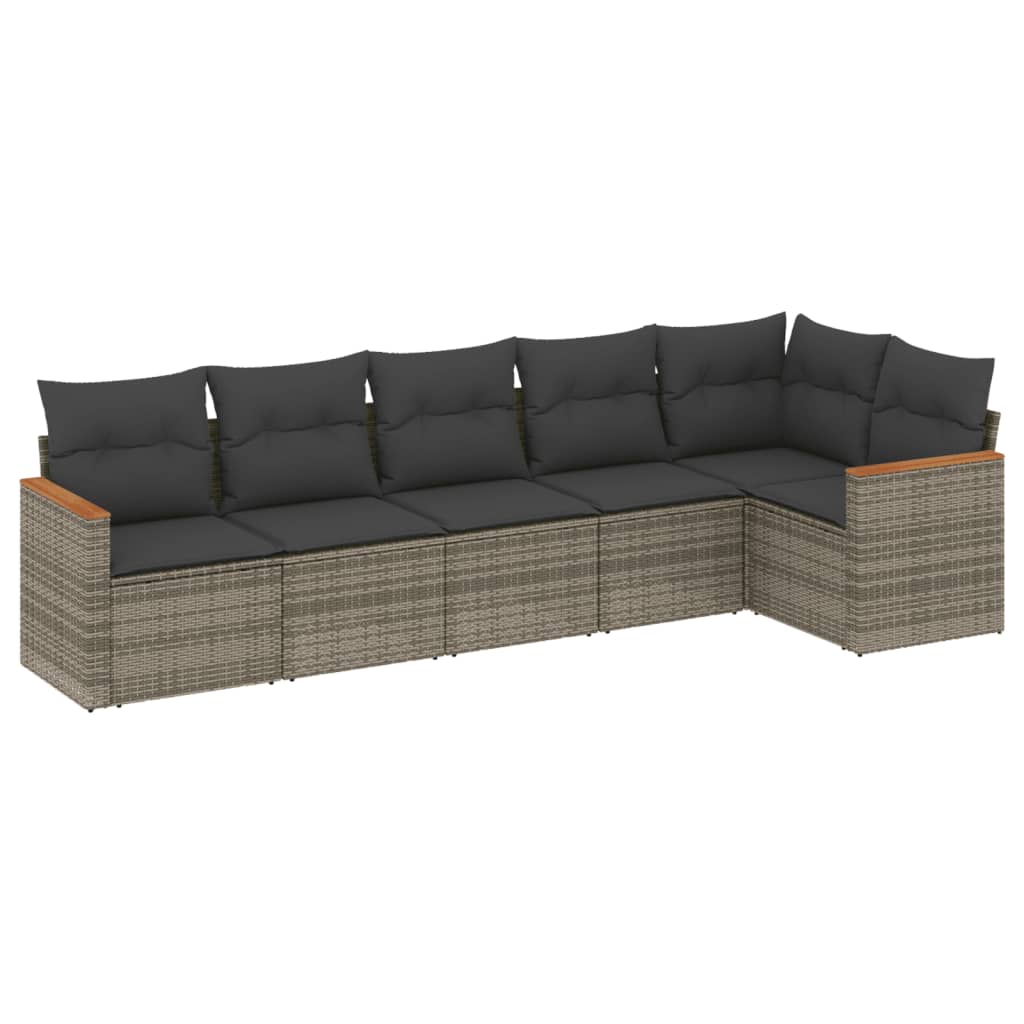 6-delige Loungeset met kussens poly rattan grijs