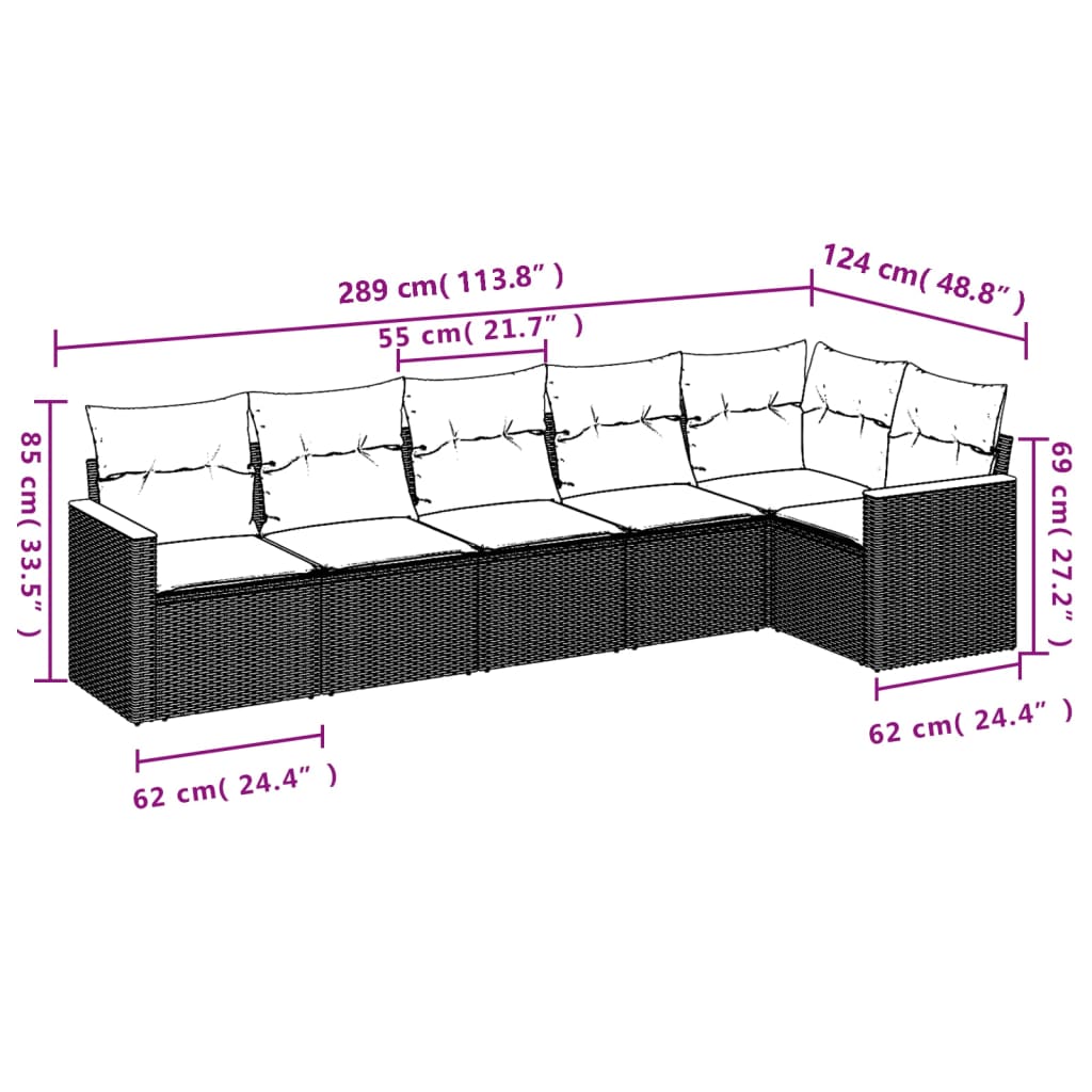 6-delige Loungeset met kussens poly rattan grijs