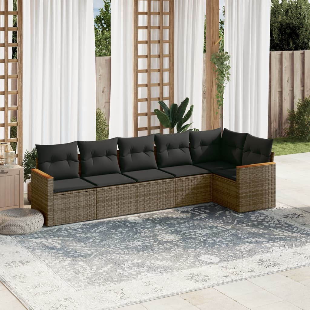 6-delige Loungeset met kussens poly rattan grijs