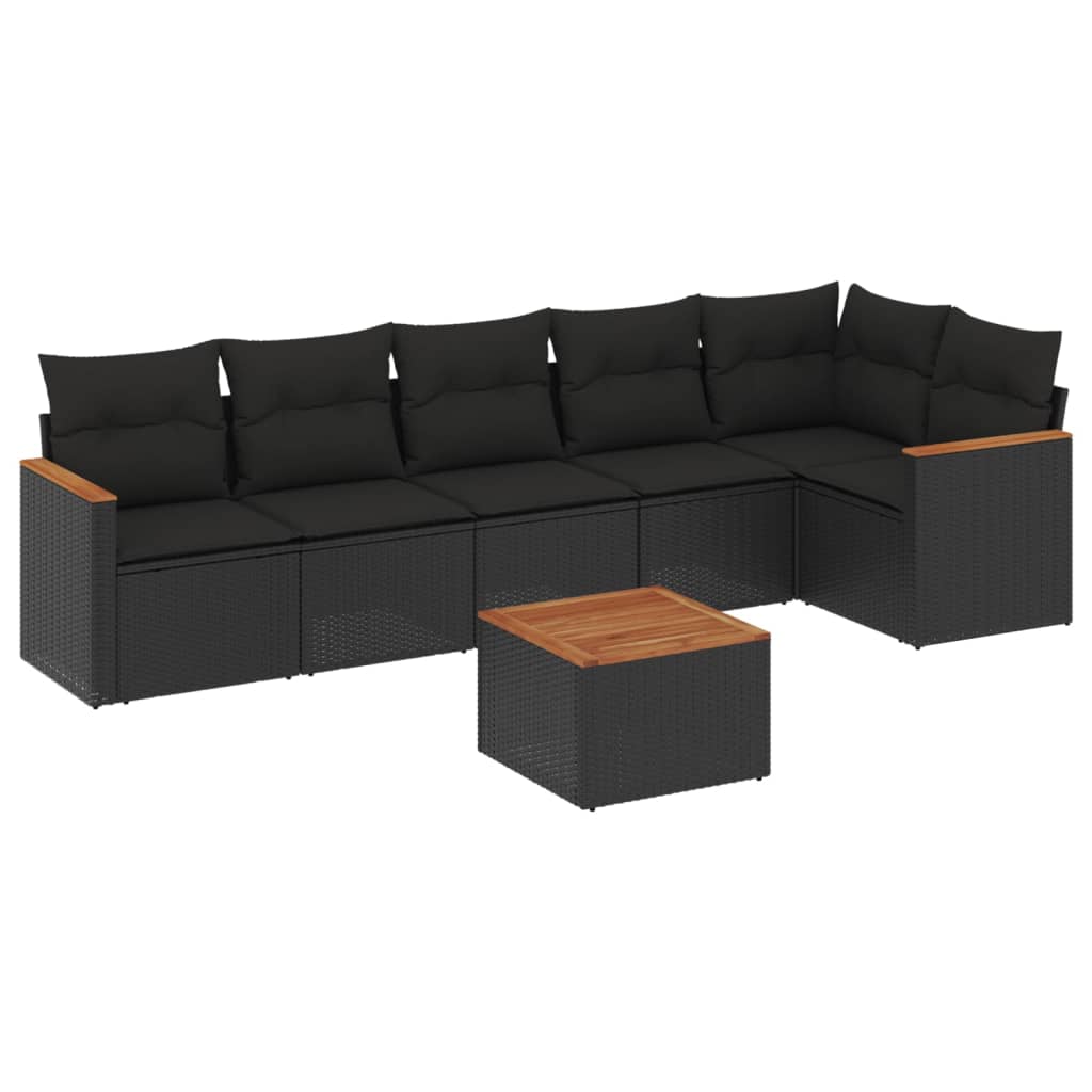 7-delige Loungeset met kussens poly rattan zwart