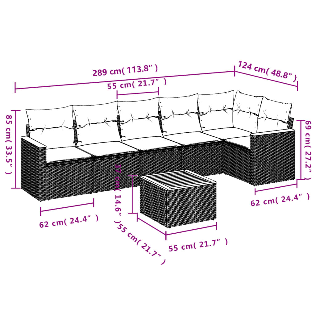 7-delige Loungeset met kussens poly rattan zwart