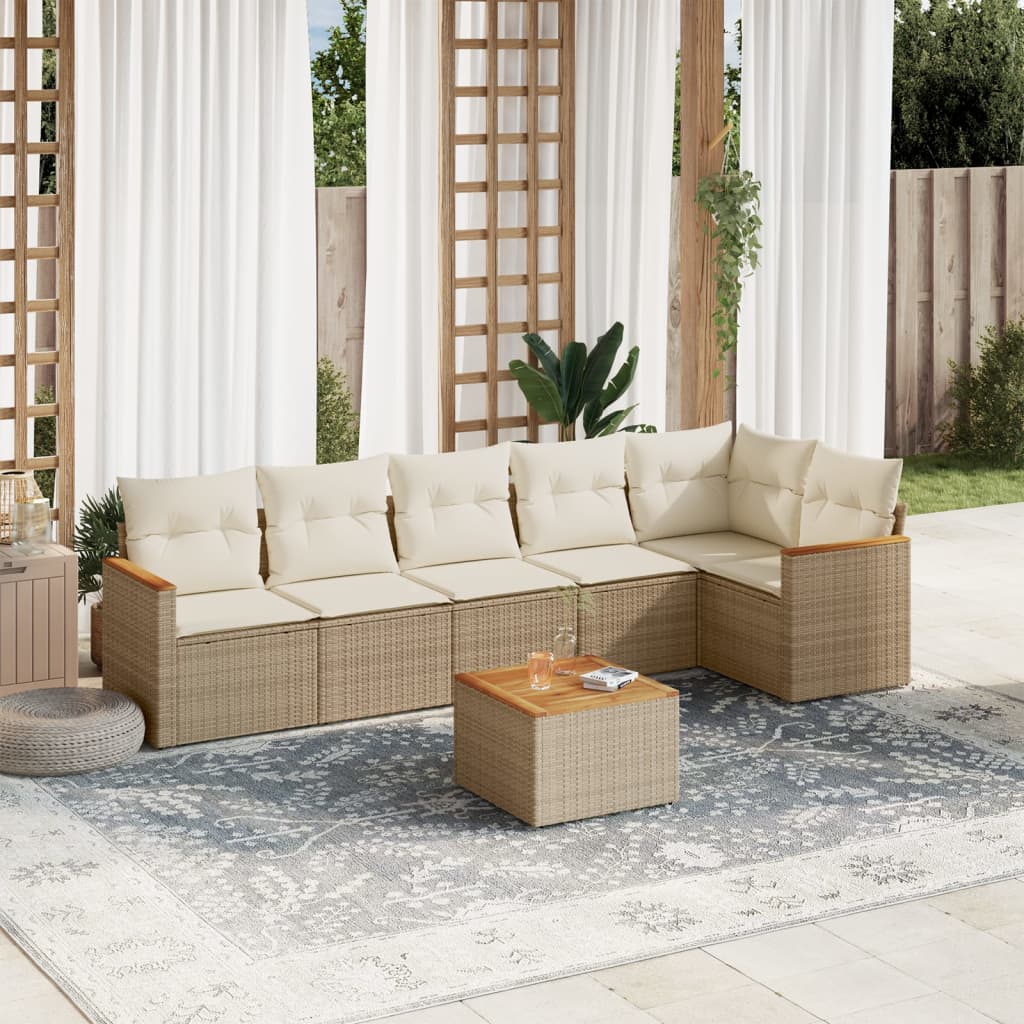 7-delige Loungeset met kussens poly rattan beige