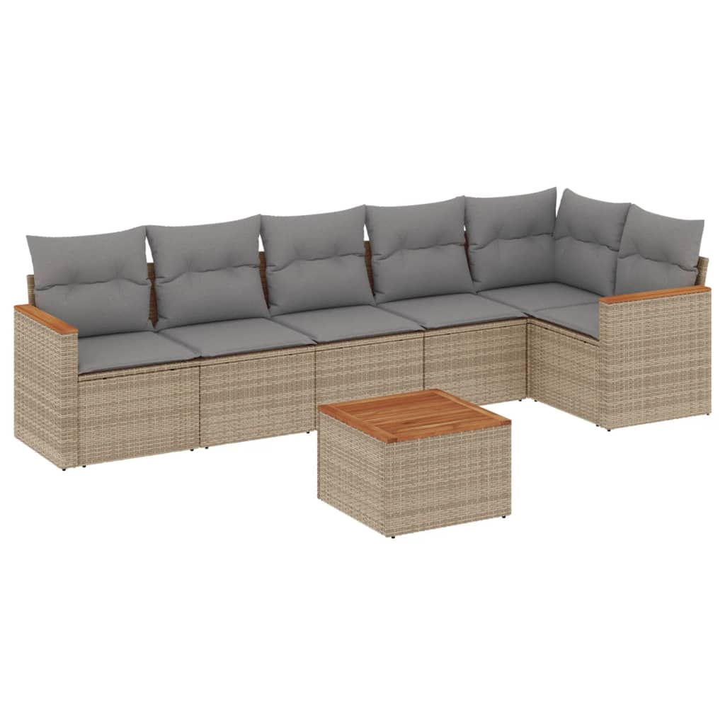 7-delige Loungeset met kussens poly rattan beige