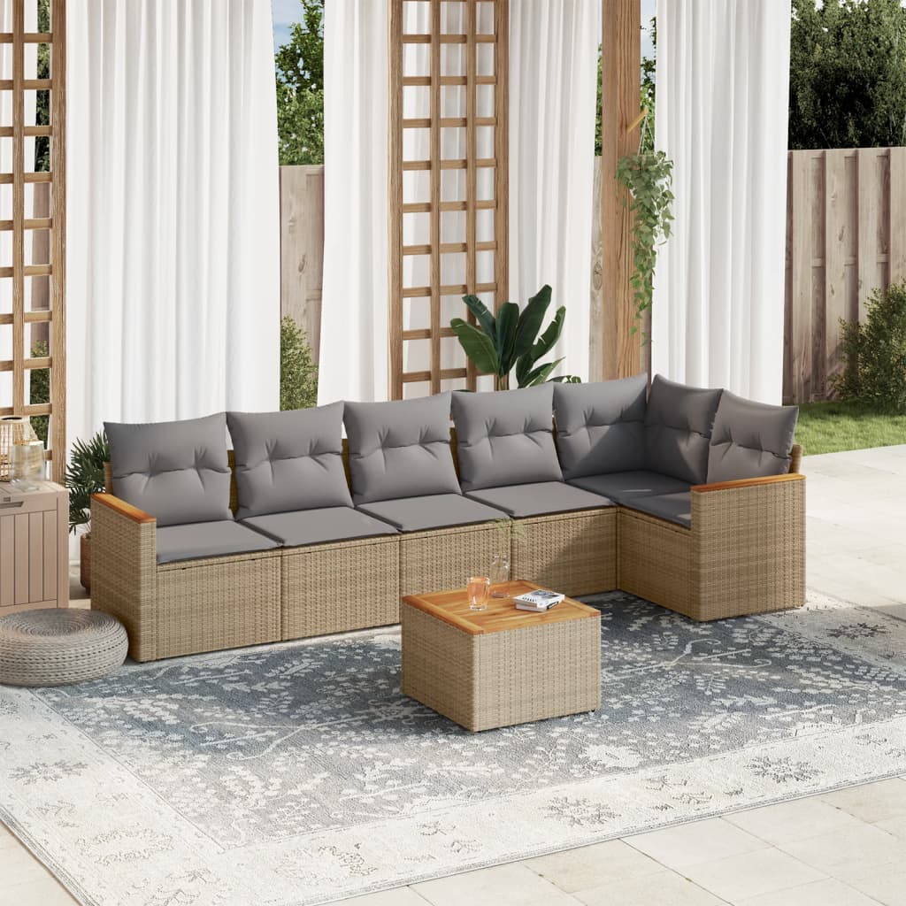 7-delige Loungeset met kussens poly rattan beige