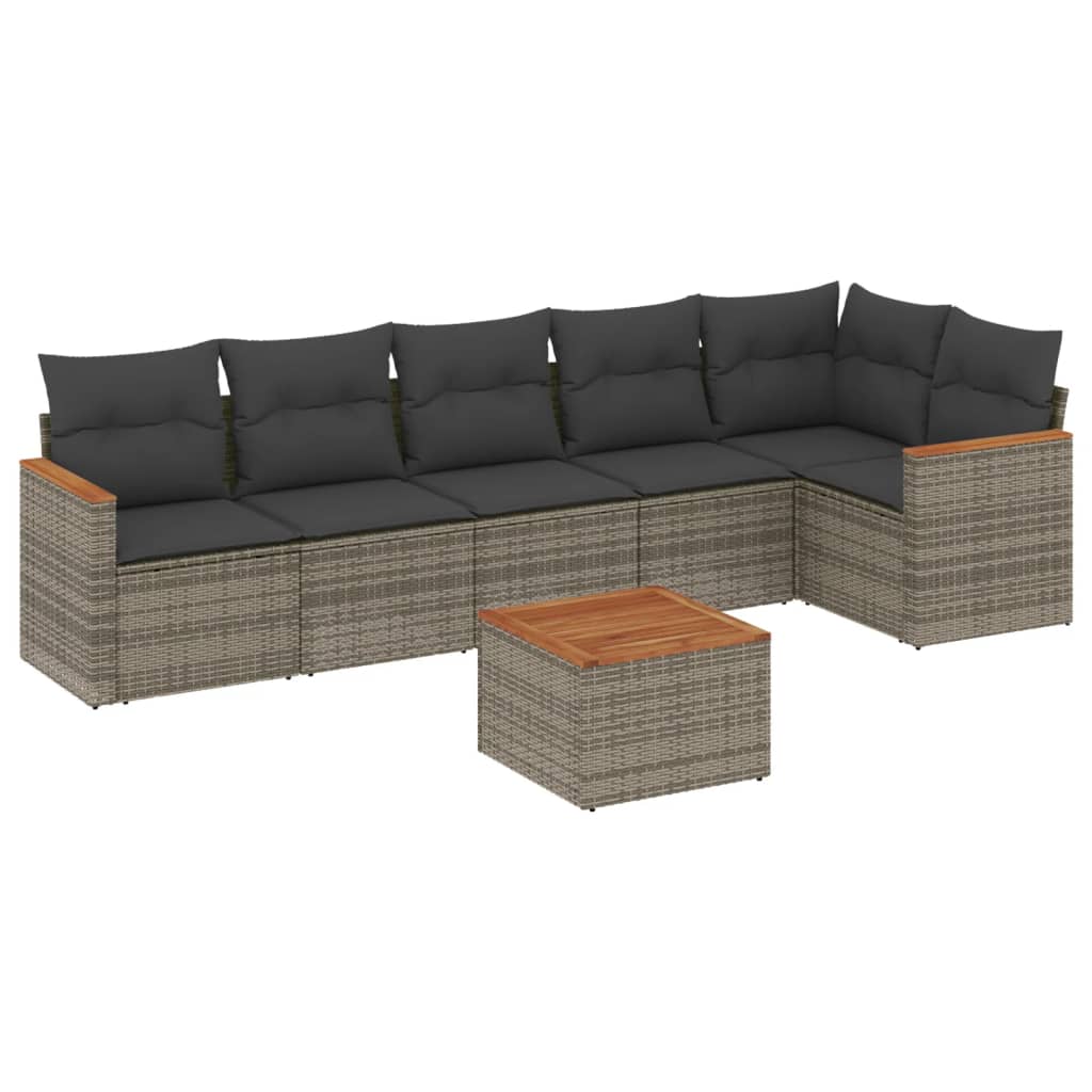 7-delige Loungeset met kussens poly rattan grijs