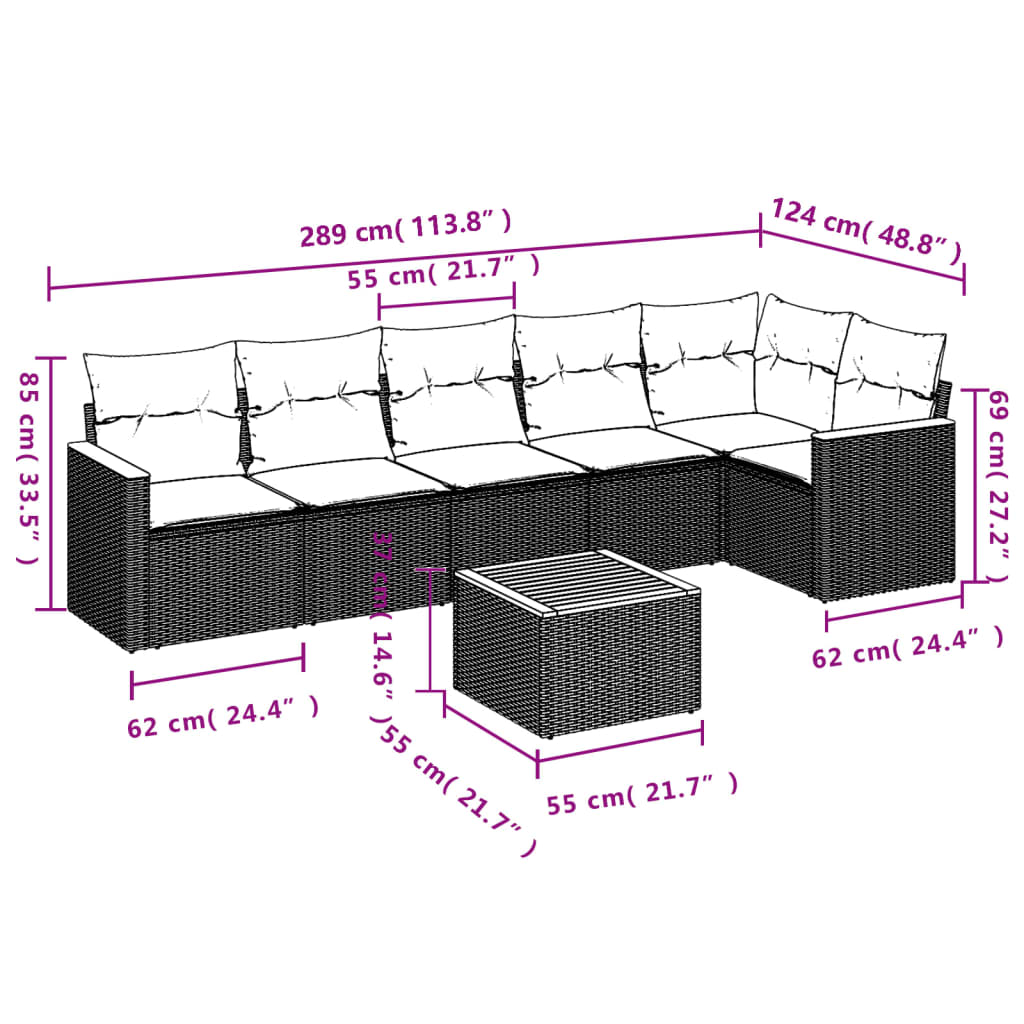 7-delige Loungeset met kussens poly rattan grijs