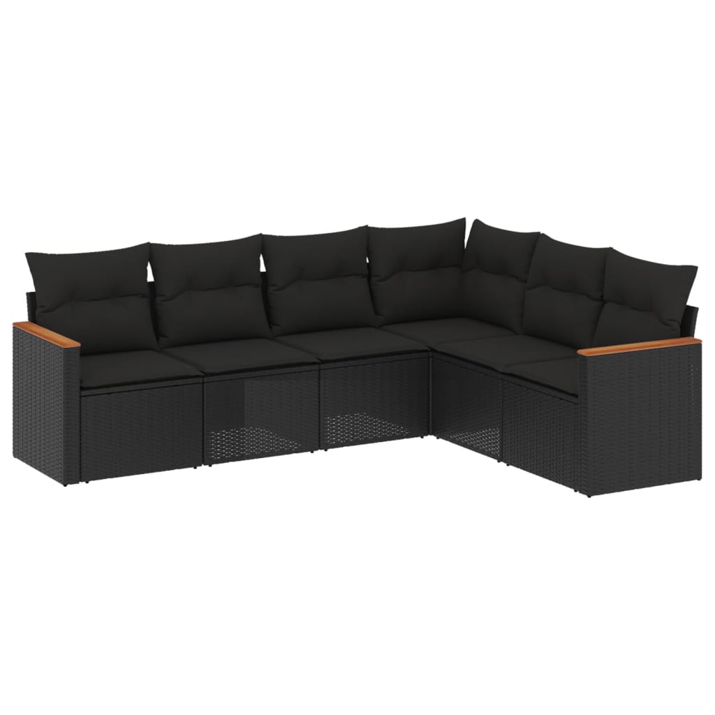 6-delige Loungeset met kussens poly rattan zwart