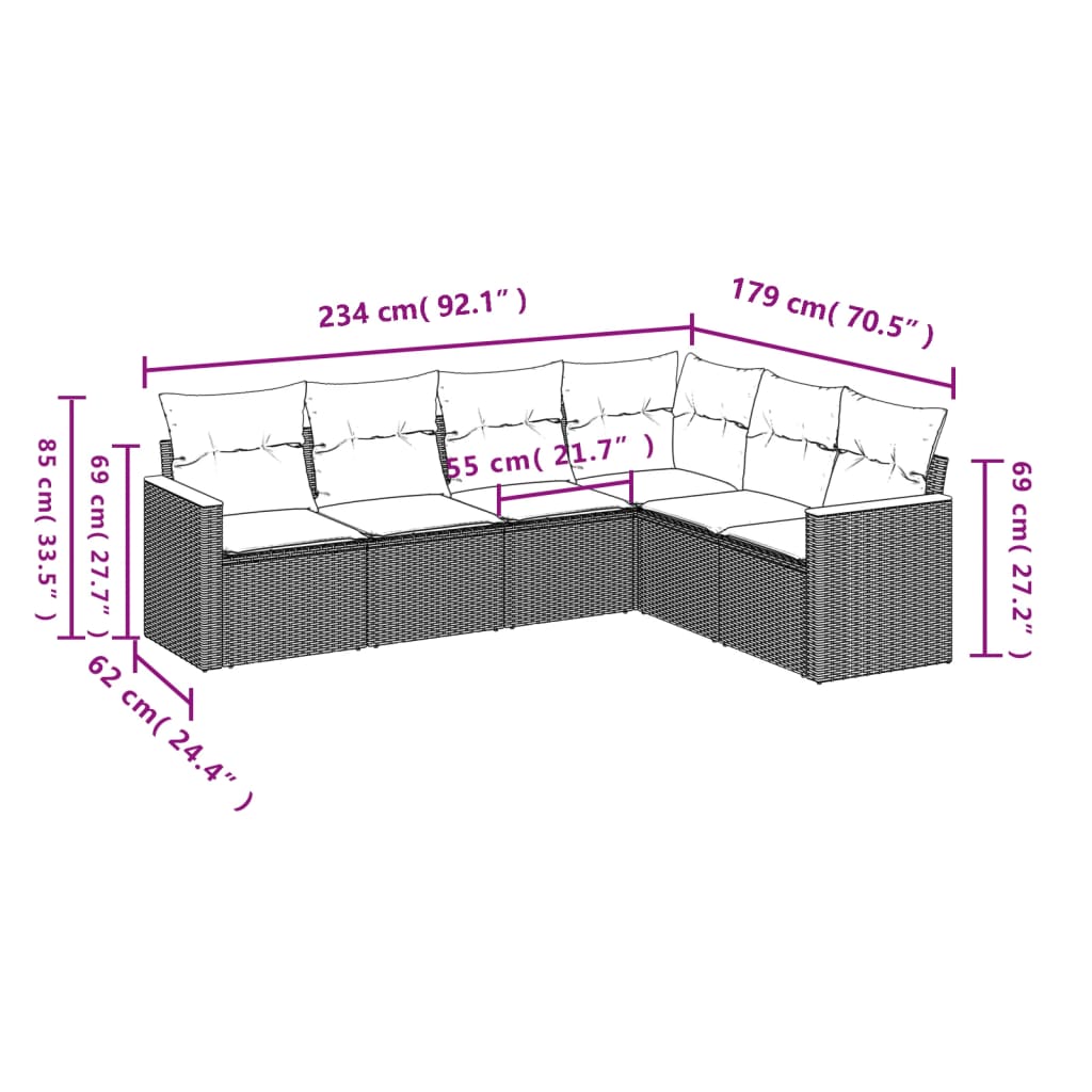 6-delige Loungeset met kussens poly rattan zwart