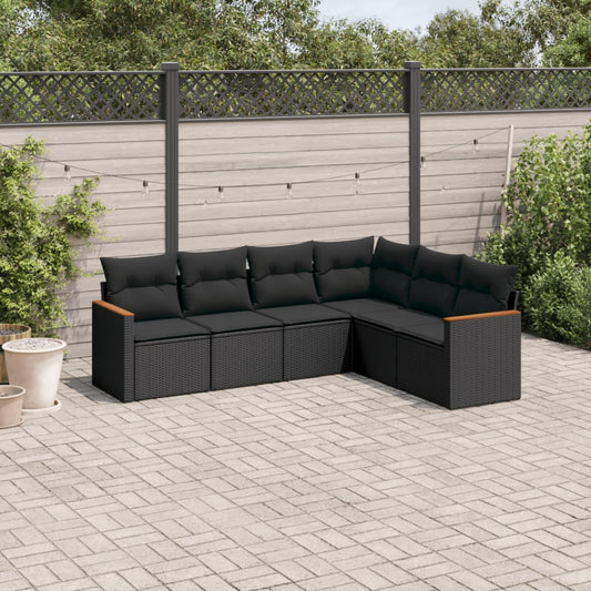 6-delige Loungeset met kussens poly rattan zwart