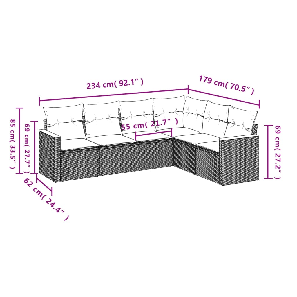 6-delige Loungeset met kussens poly rattan zwart