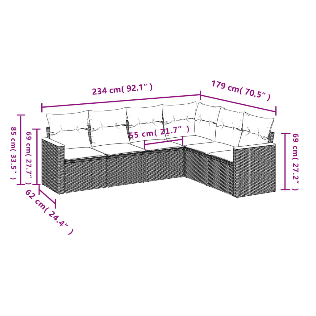 6-delige Loungeset met kussens poly rattan beige