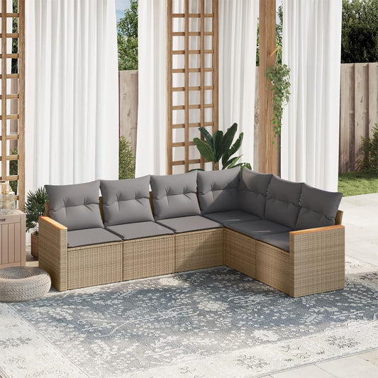 6-delige Loungeset met kussens poly rattan beige