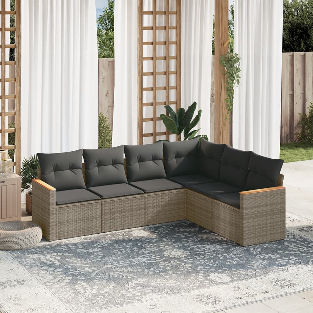 6-delige Loungeset met kussens poly rattan grijs