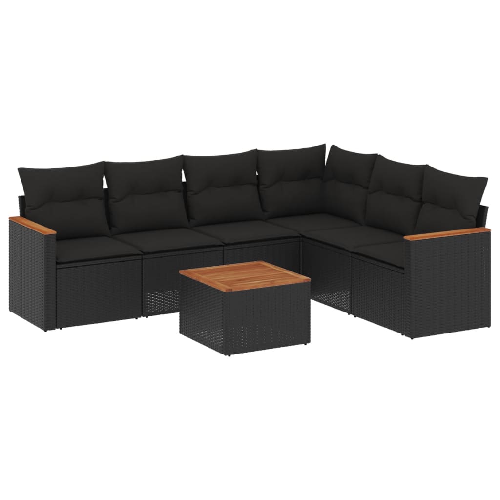 7-delige Loungeset met kussens poly rattan zwart