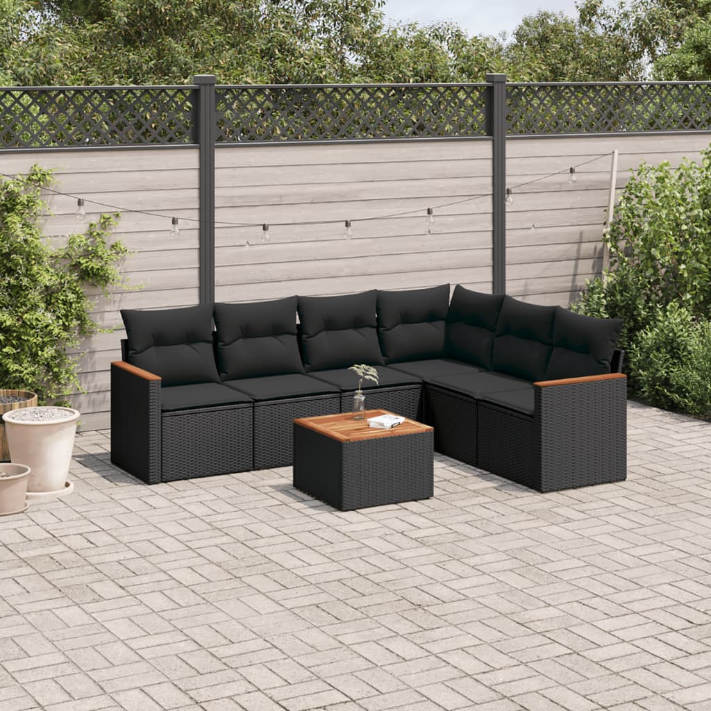 7-delige Loungeset met kussens poly rattan zwart