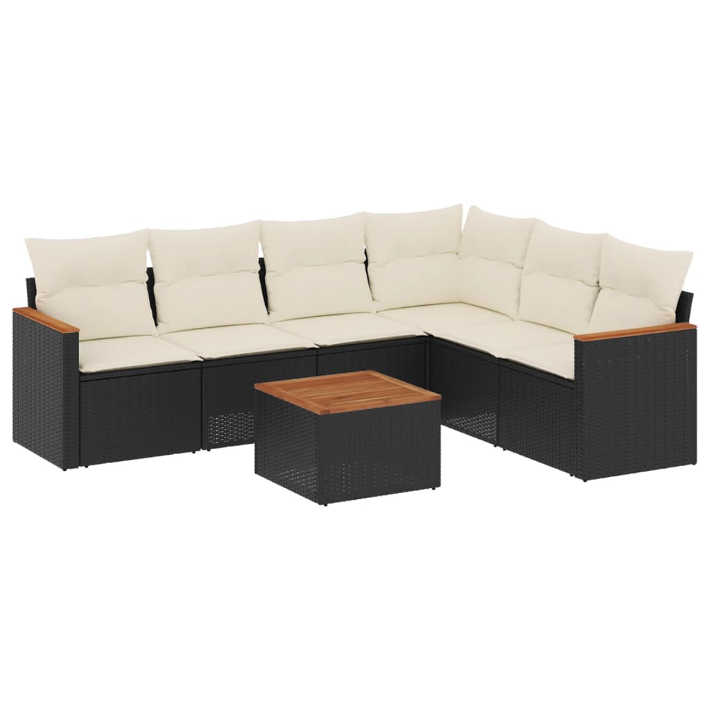 7-delige Loungeset met kussens poly rattan zwart