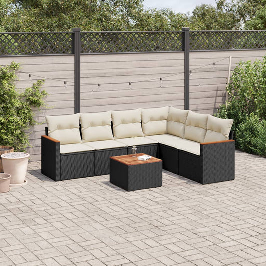 7-delige Loungeset met kussens poly rattan zwart