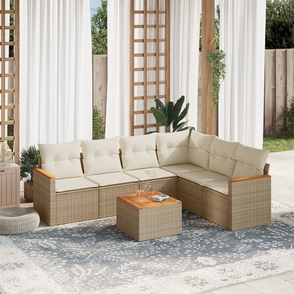 7-delige Loungeset met kussens poly rattan beige