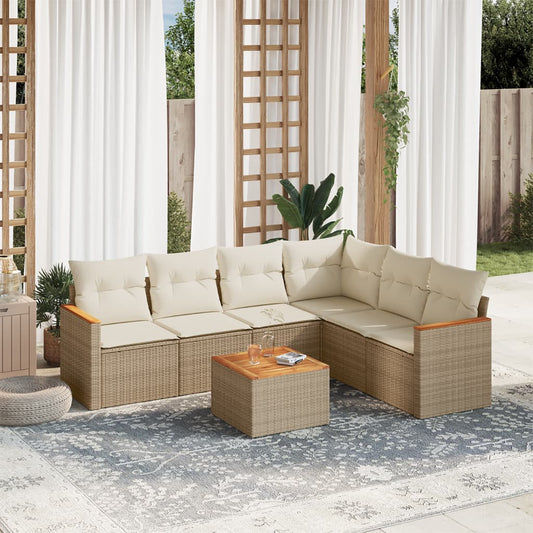 7-delige Loungeset met kussens poly rattan beige