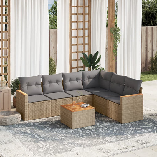 7-delige Loungeset met kussens poly rattan beige