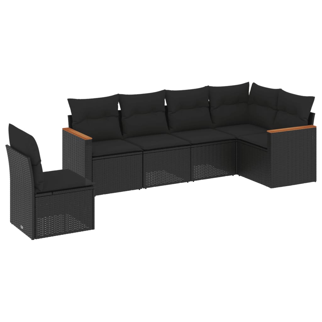 6-delige Loungeset met kussens poly rattan zwart