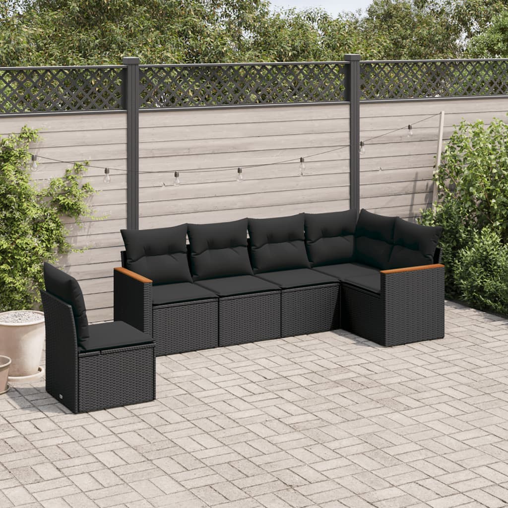 6-delige Loungeset met kussens poly rattan zwart