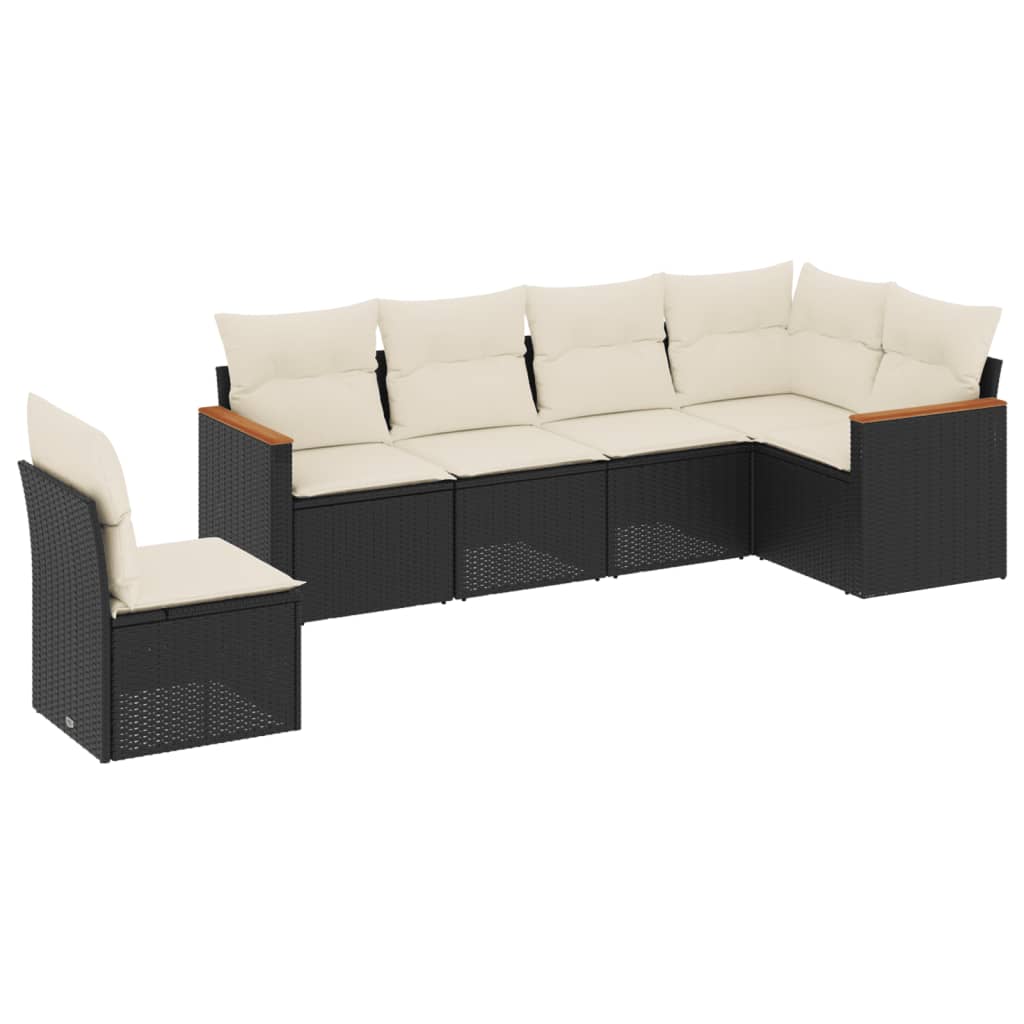 6-delige Loungeset met kussens poly rattan zwart