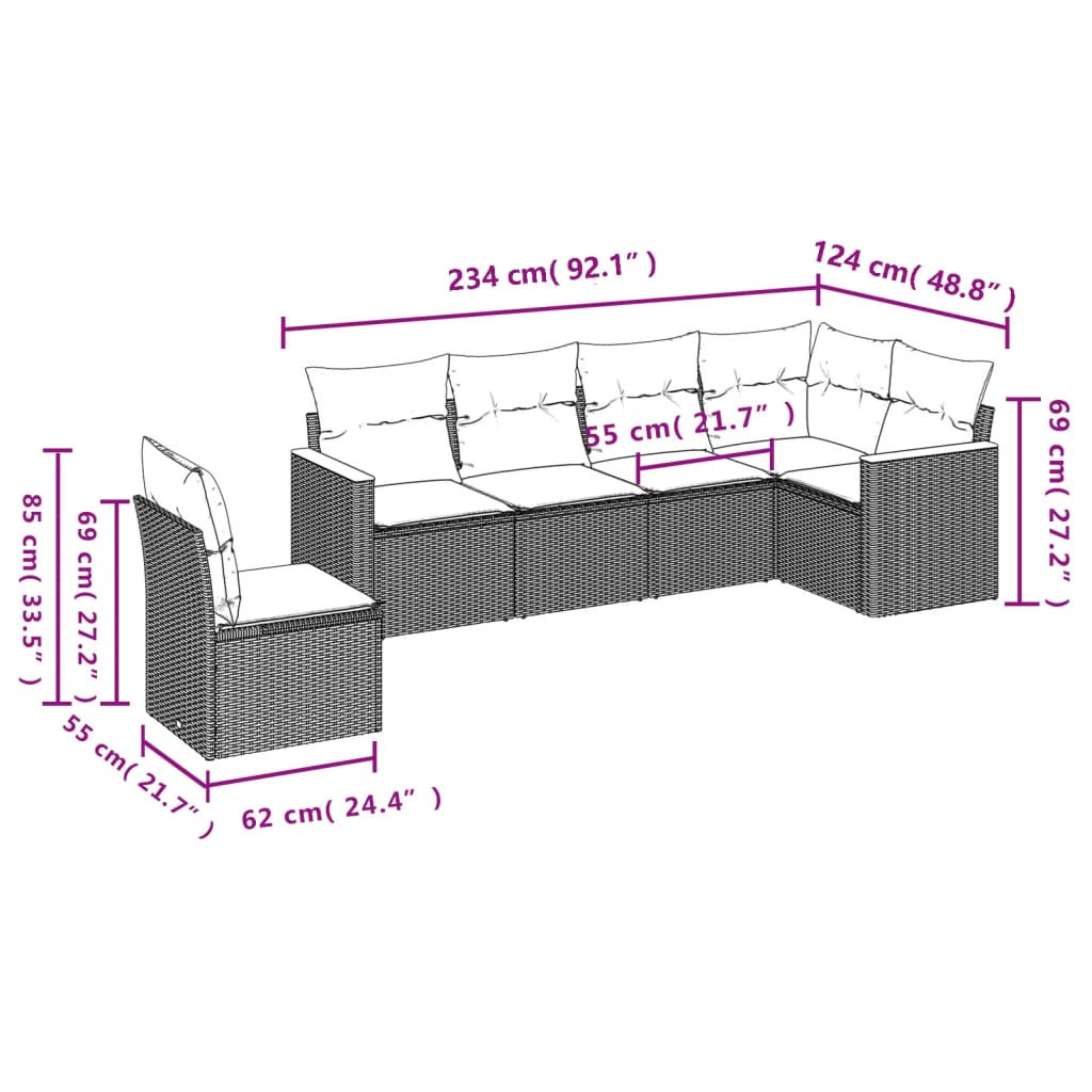 6-delige Loungeset met kussens poly rattan zwart