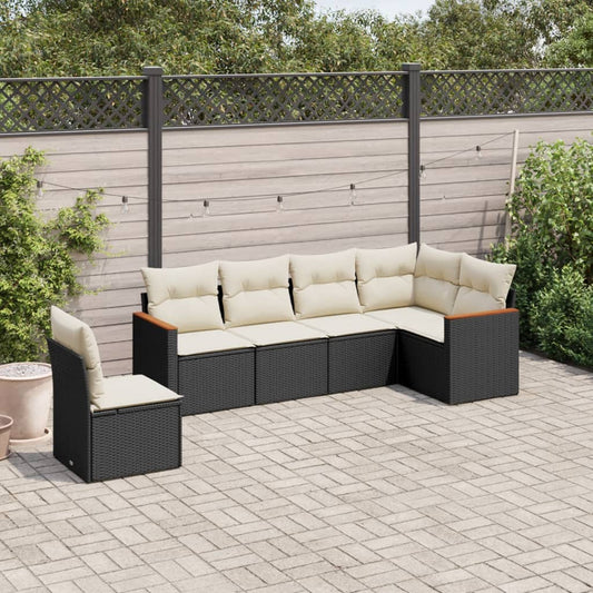 6-delige Loungeset met kussens poly rattan zwart