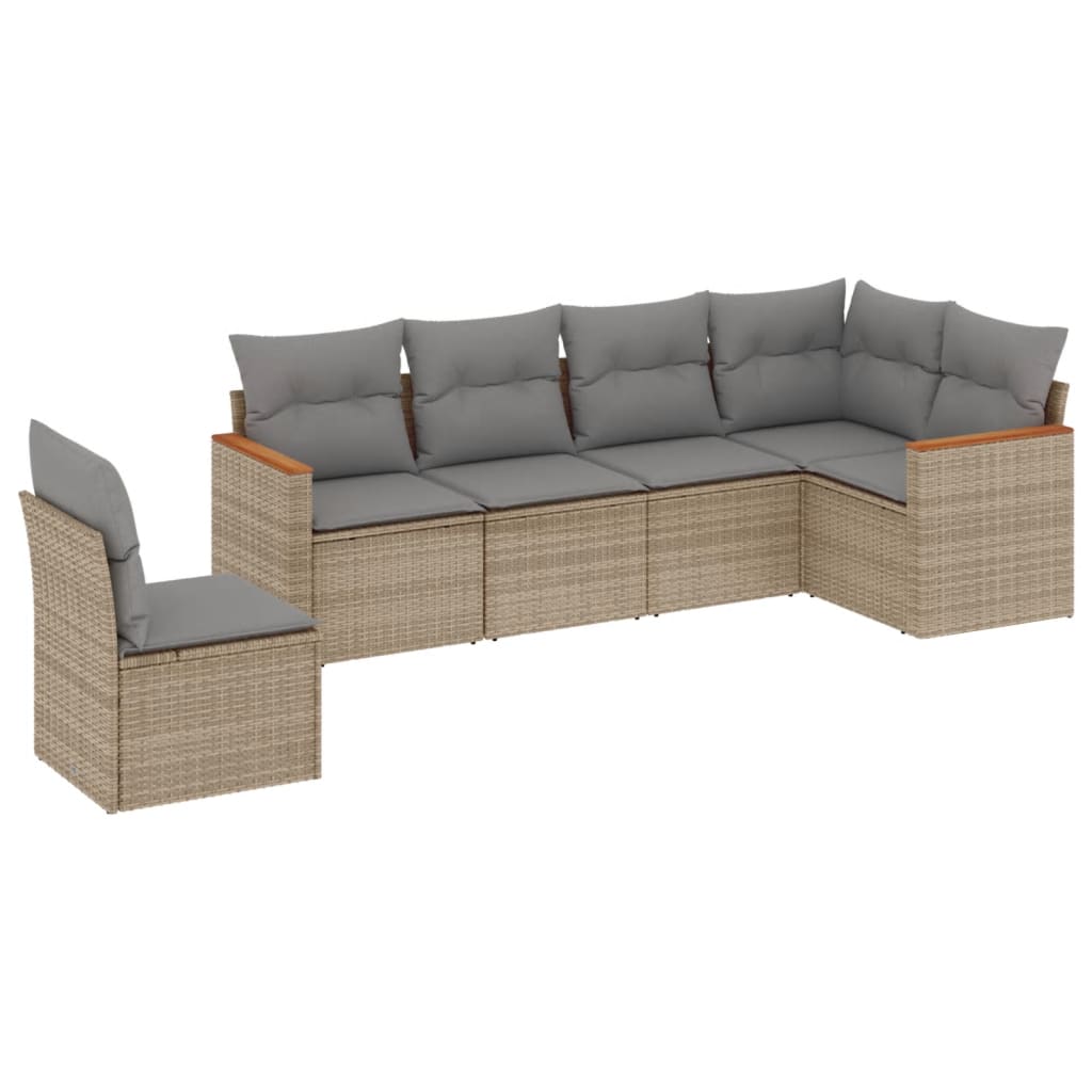 6-delige Loungeset met kussens poly rattan beige