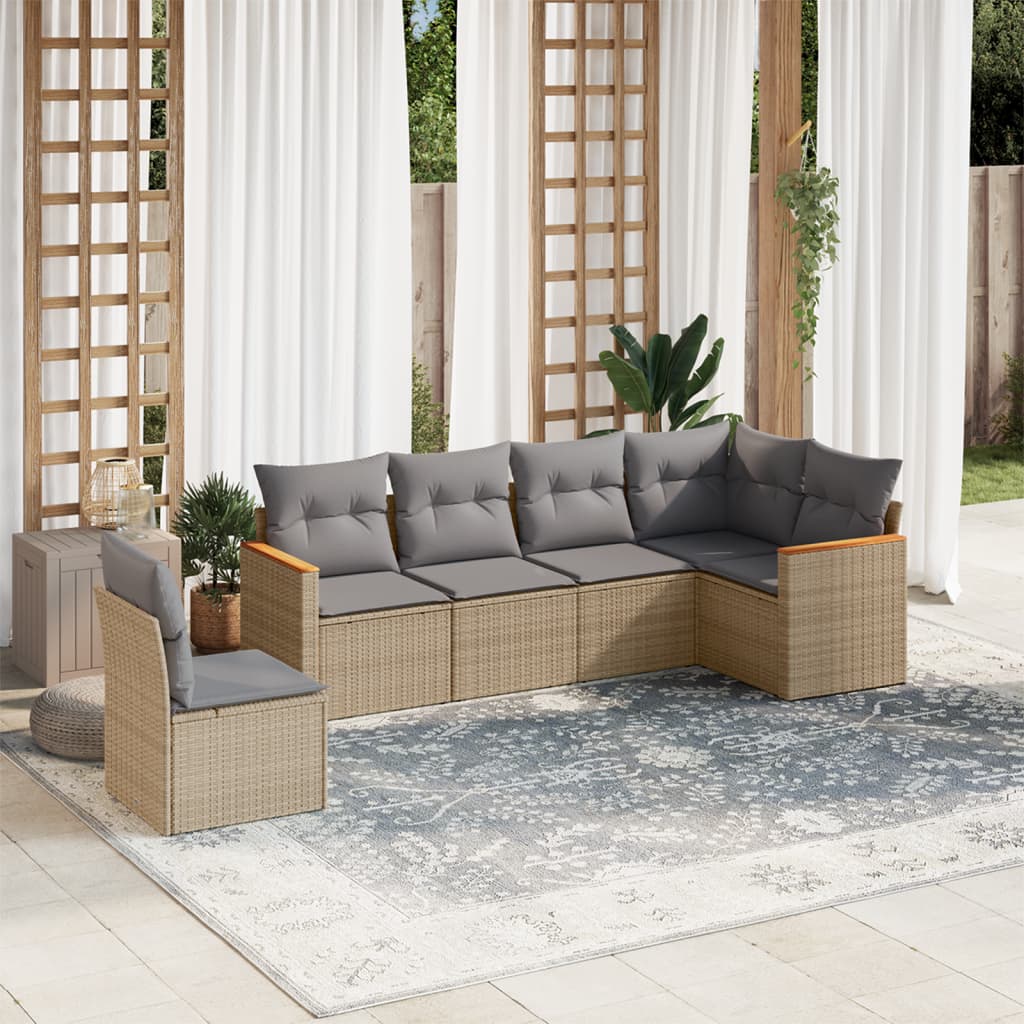 6-delige Loungeset met kussens poly rattan beige