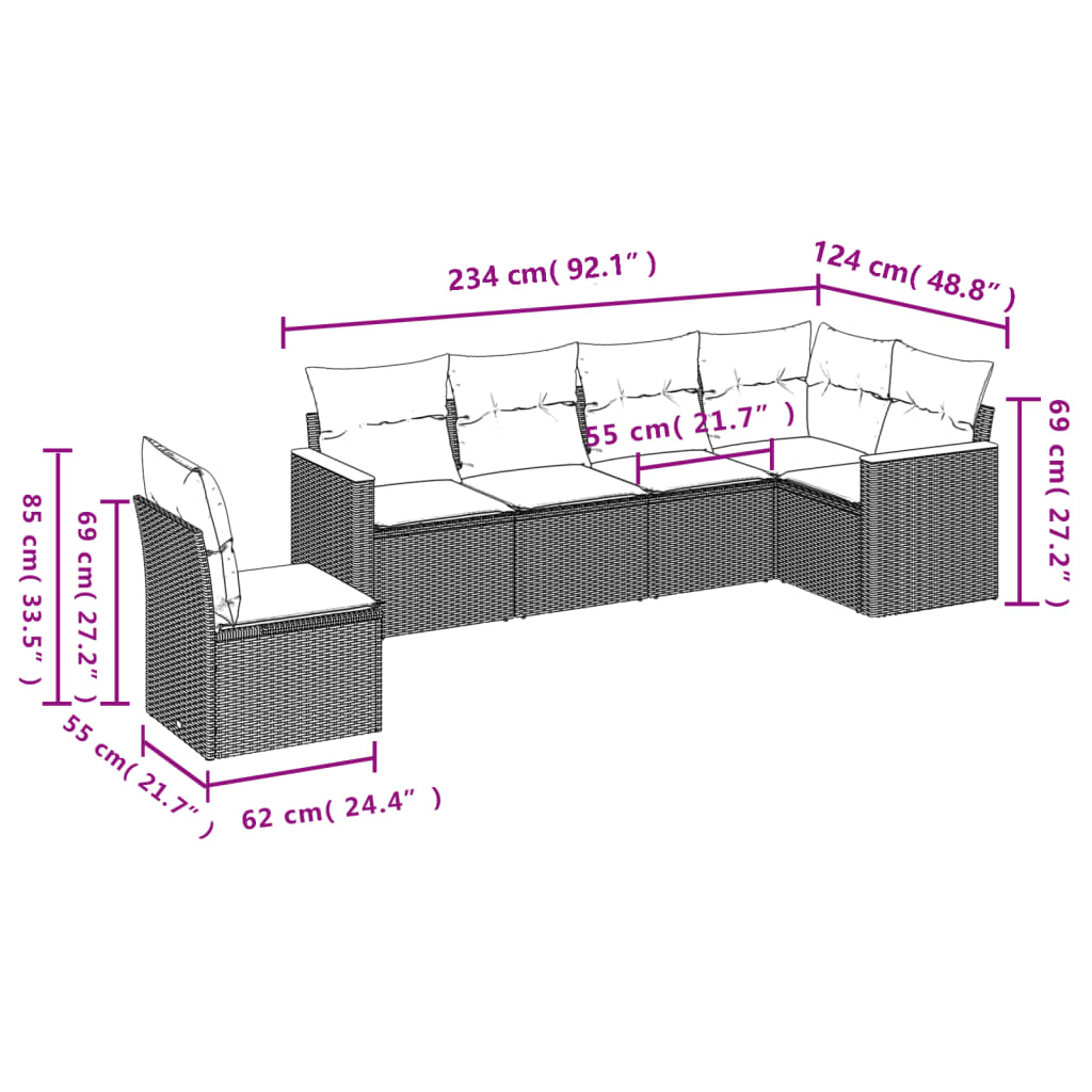 6-delige Loungeset met kussens poly rattan grijs